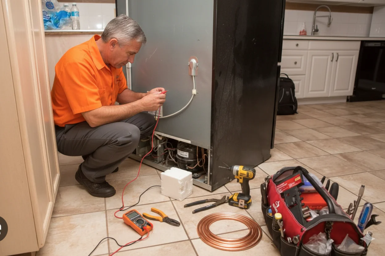 Technician inspecting an oven's interior electrical components